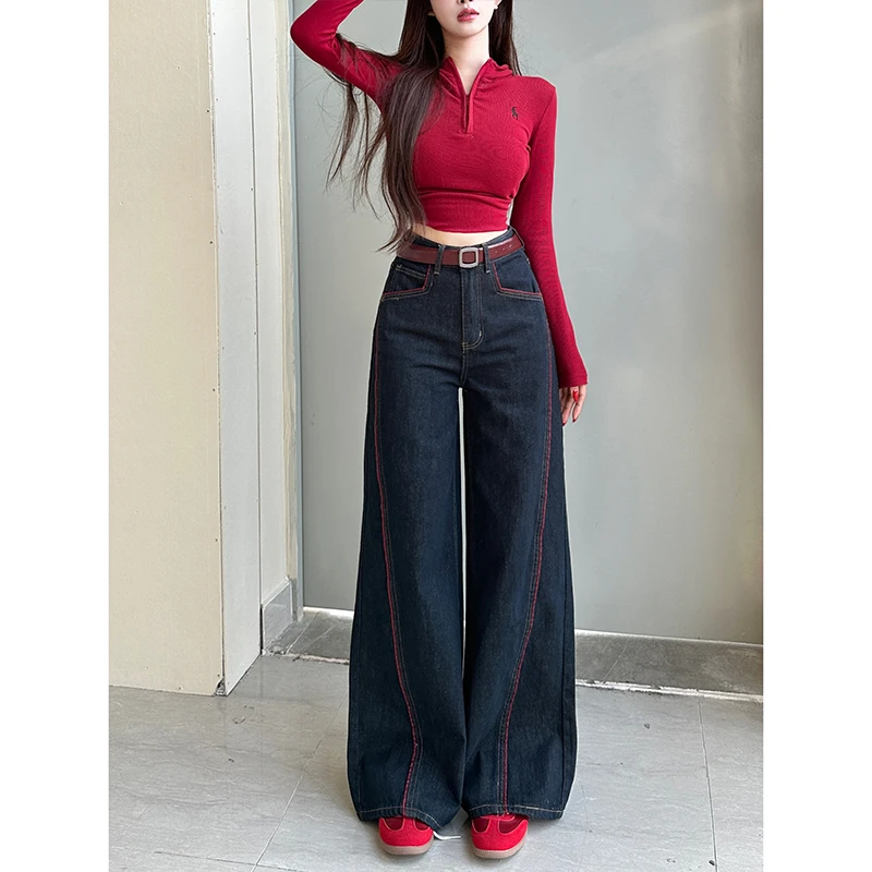 安可拉线条丹宁蓝阔腿牛仔裤女2025冬季新款高腰宽松百搭拖地长裤