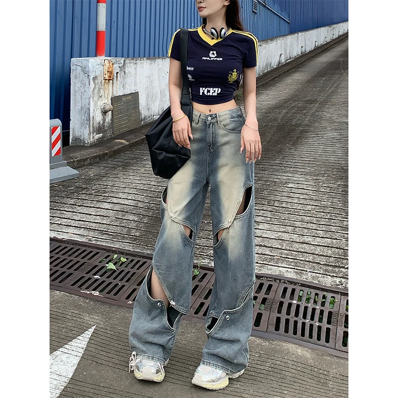 破洞镂空做旧阔腿牛仔裤女2025秋季新款小众高腰百搭显瘦拖地裤