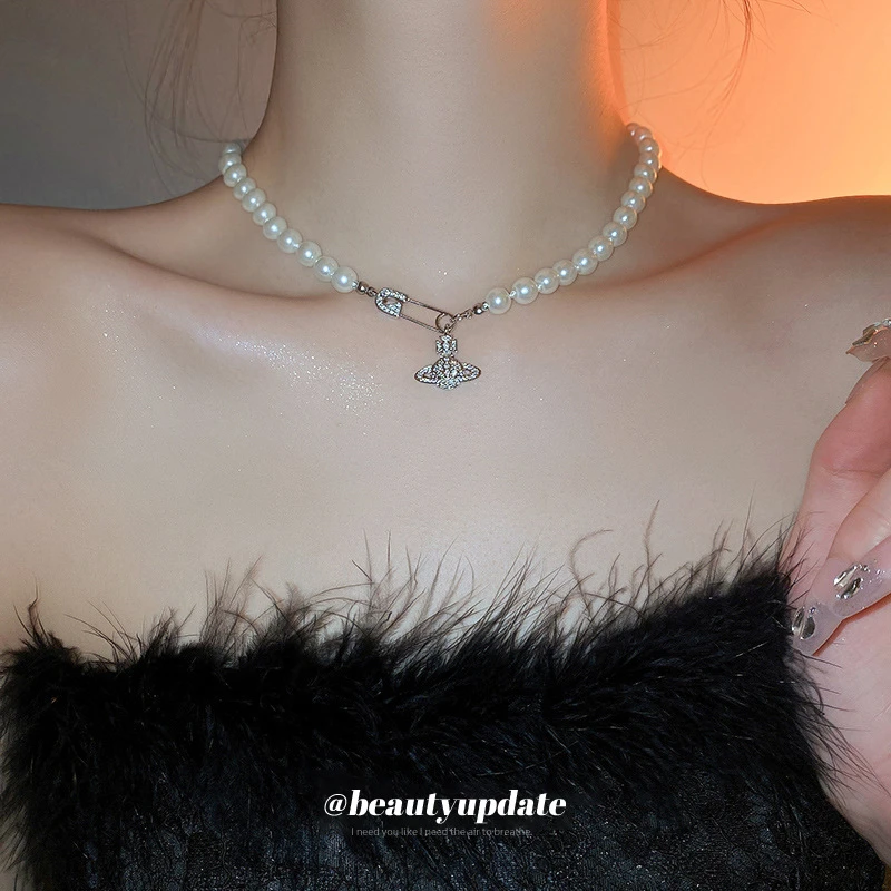 铜合金仿珍珠项链 AIYO【珠珠别针镶锆项链】气质轻奢锆石颈链