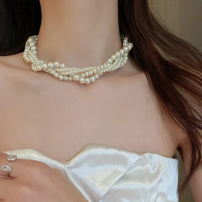 钛钢项链 法式复古珠珠多层项链时尚个性气质颈链麻花缠绕项饰