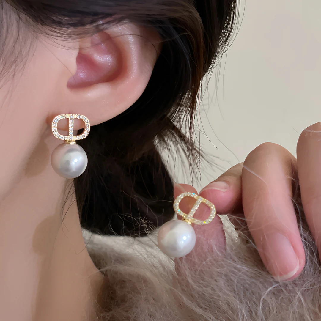 AIYO  轻奢高级感字母灰色珠珠耳钉女法式复古气质耳环