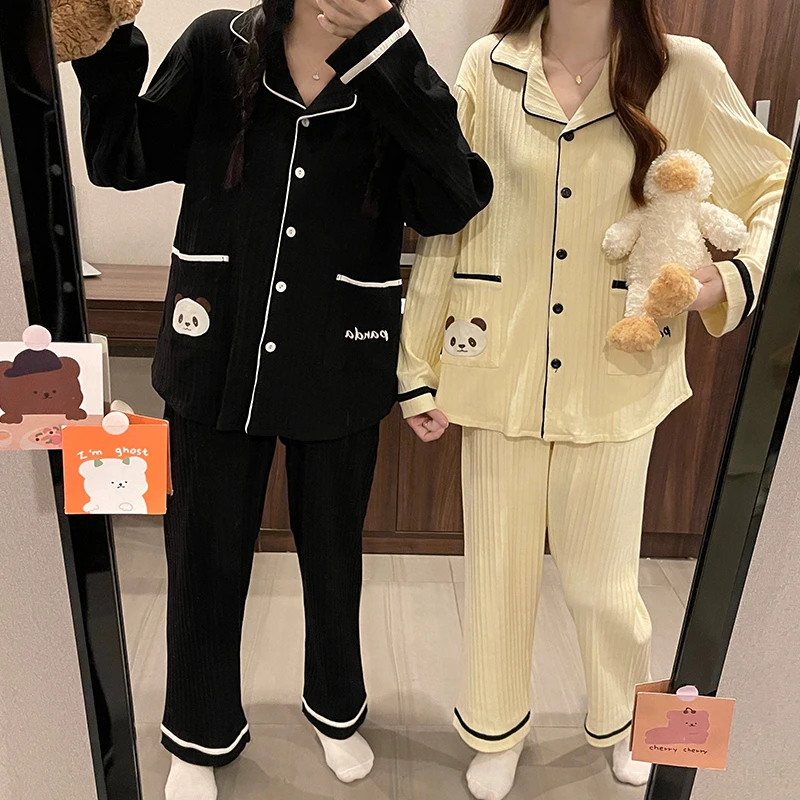 家居服秋冬卡通熊猫睡衣两件套可爱风情侣款男士休闲大码长裤套装