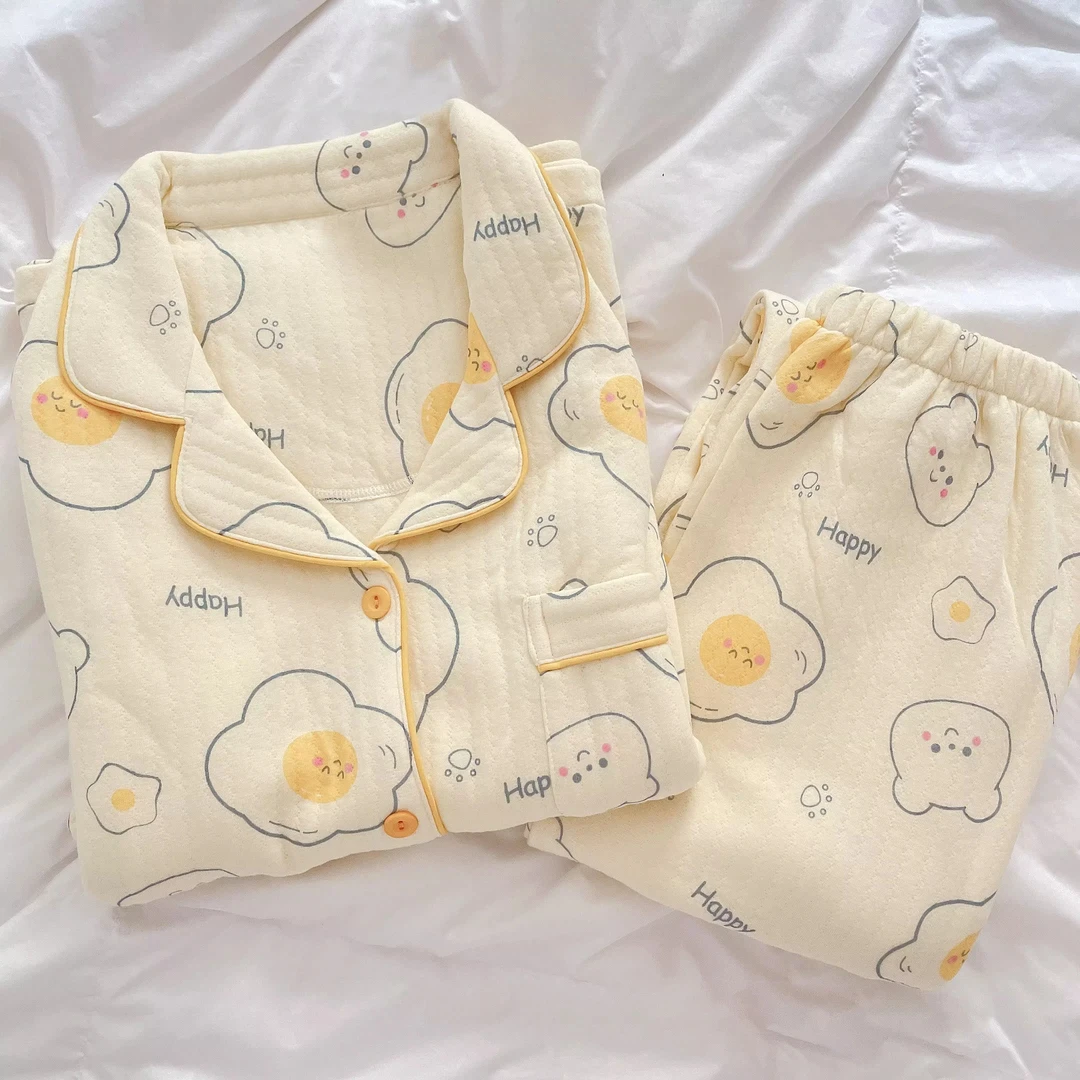 加厚荷包蛋大码卡通家居服甜美宽松秋冬季长袖睡衣女夹层学生套装