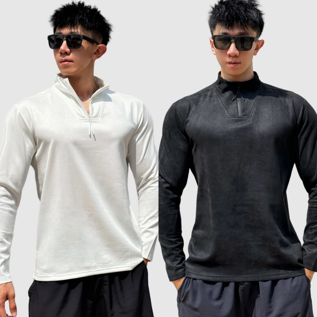 GYM秋季半拉链门襟修身休闲时尚显型健身跑步弹力打底速干运动长T