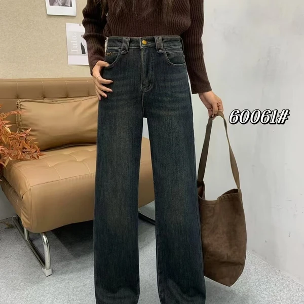 AC【60061】加绒加厚软牛仔裤女窄版阔腿冬季新款保暖高腰直筒裤