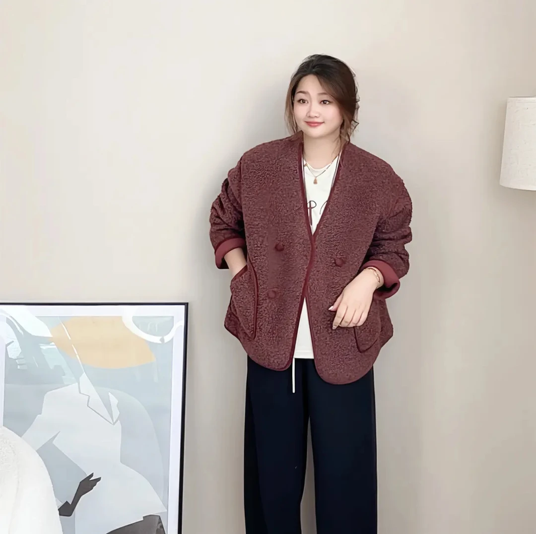 AC【683】i-6 复古颗粒绒皮毛一体外套女2024冬新款双排扣V领短款