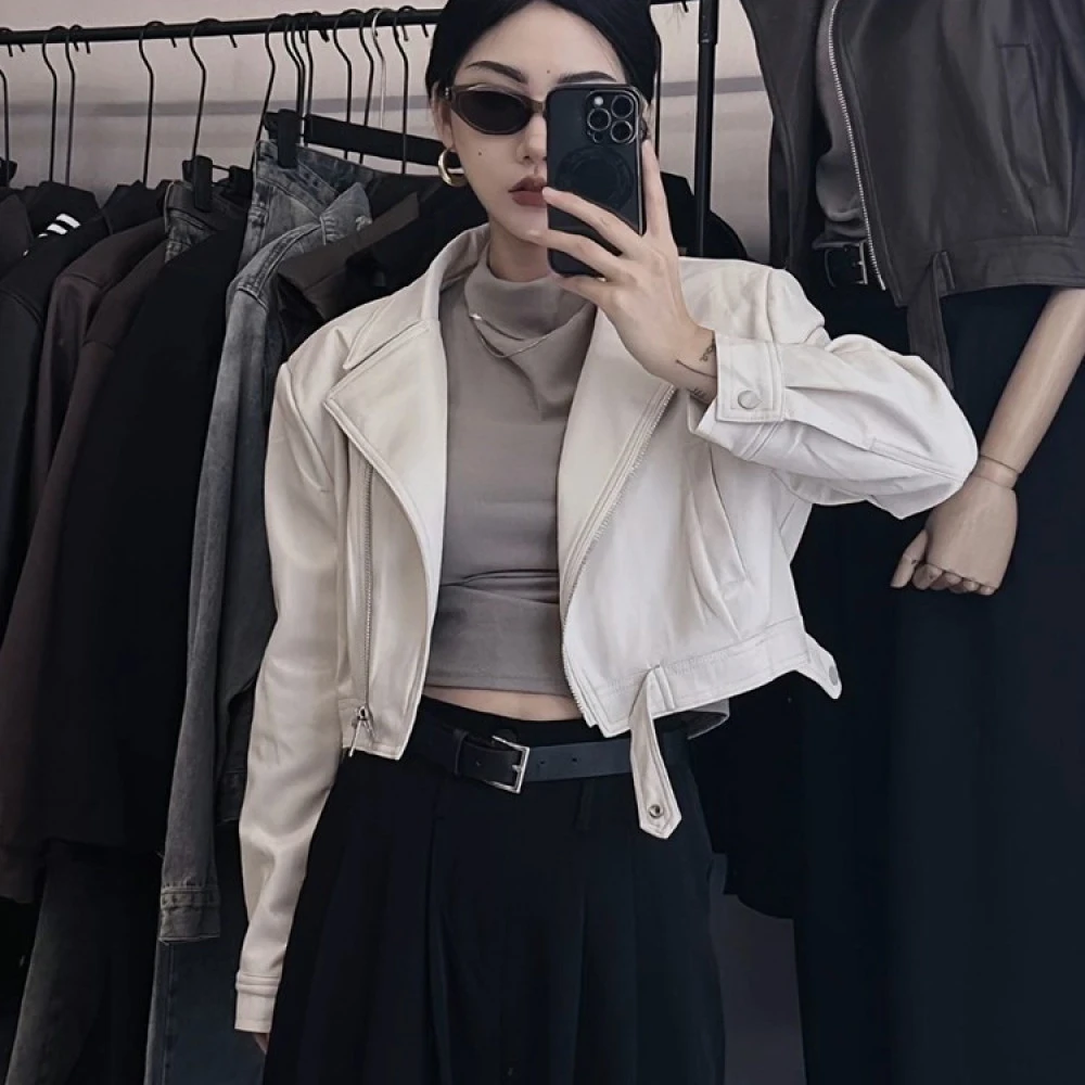小个子短款白色PU皮衣外套女2023秋冬新款欧货复古宽松机车皮夹克
