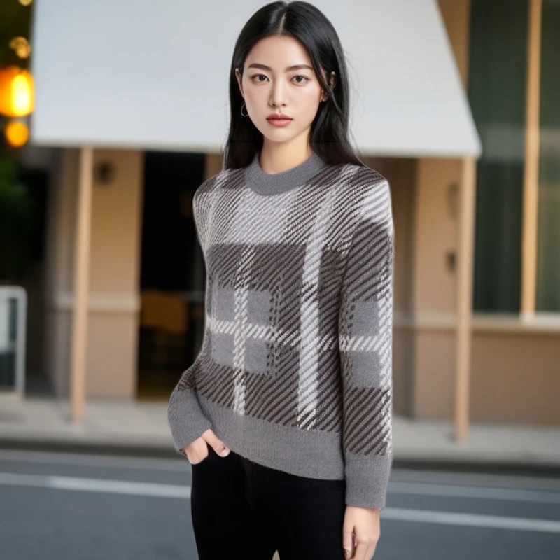 202107086灰橘色毛衣圆领加厚秋冬新款时尚宽松保暖针织衫百搭针