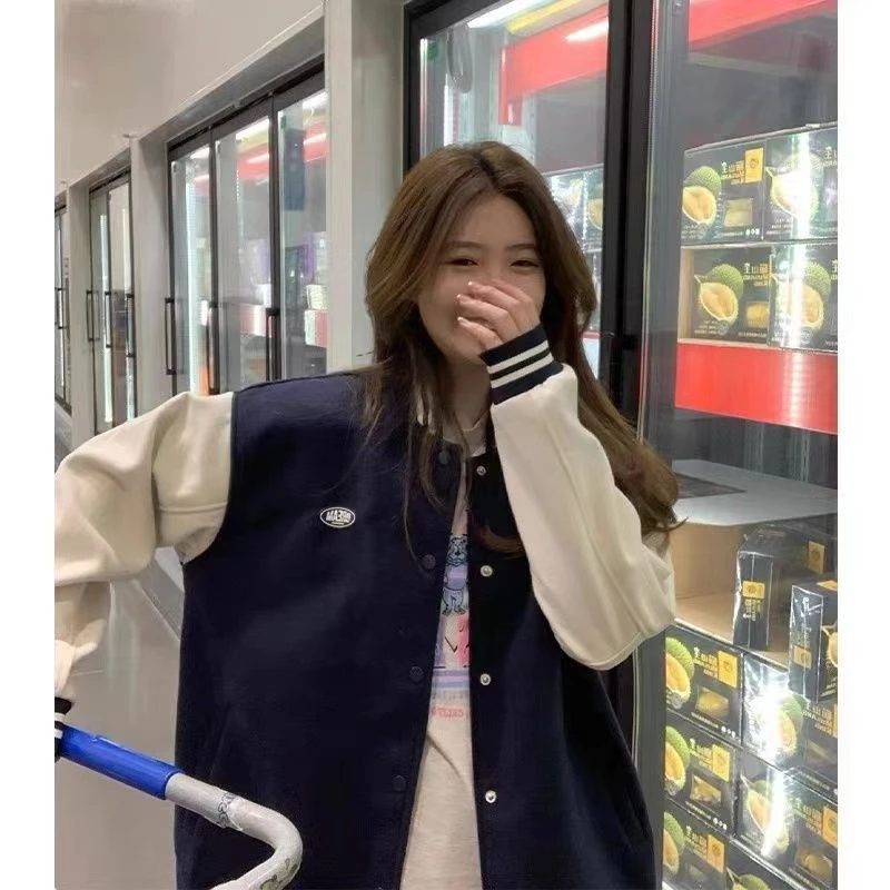 XLZ00490学生韩版宽松黑色棒球服加绒高端新款秋冬款网红高级设计