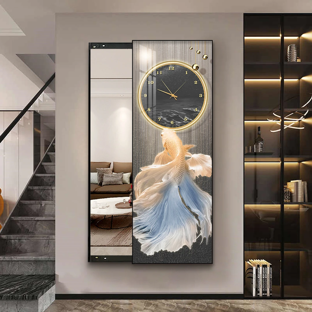 带时钟表吉祥锦鲤隐形全身镜推拉隐藏式镜子卧室试衣镜家用穿衣镜