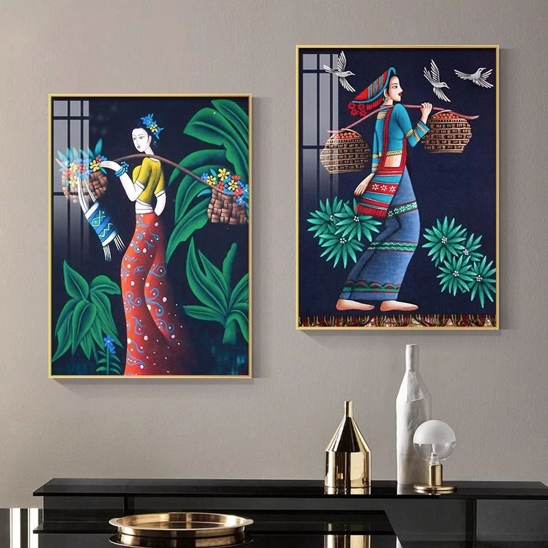 云南少数民族风挂画美女艺术人物装饰画酒店民宿壁画玄关过道墙画