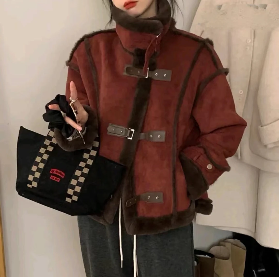 2024XX新款时尚复古加绒加厚翻领百搭秋冬厚外套皮毛一体韩版