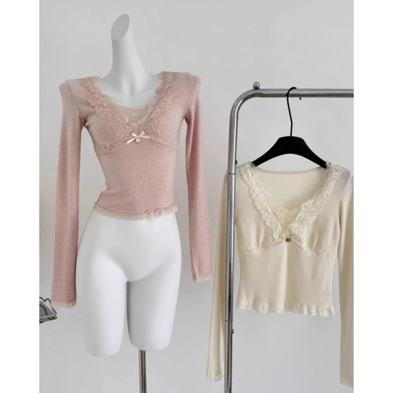 独特别致绝美花边边蝴蝶结长袖t恤女秋冬新款修身显瘦V领百搭上衣