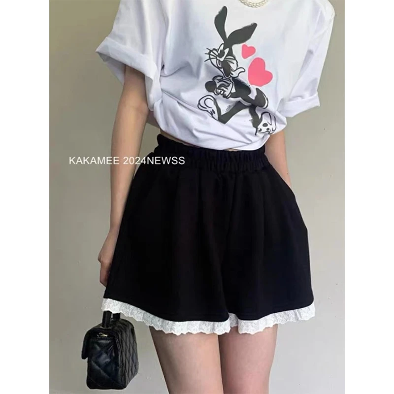 高腰宽松休闲短裤女夏季新款设计感蕾丝花边拼接松紧腰百搭阔腿裤