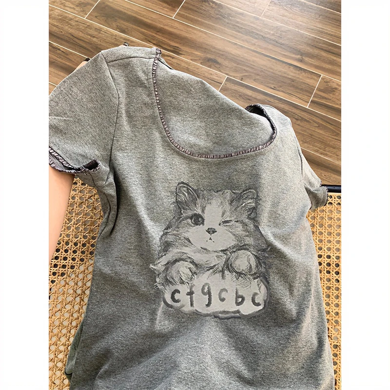 美式辣妹猫咪印花u领短袖t恤夏季新款修身显瘦小个子正肩百搭上衣