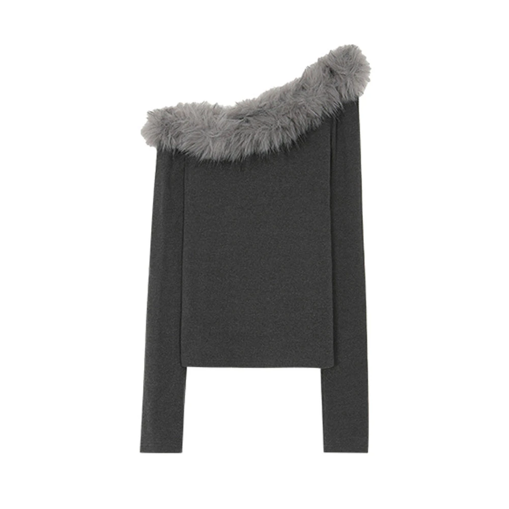 灰色斜领露肩毛毛拼接德绒打底衫女秋冬新款修身显瘦外穿百搭上衣