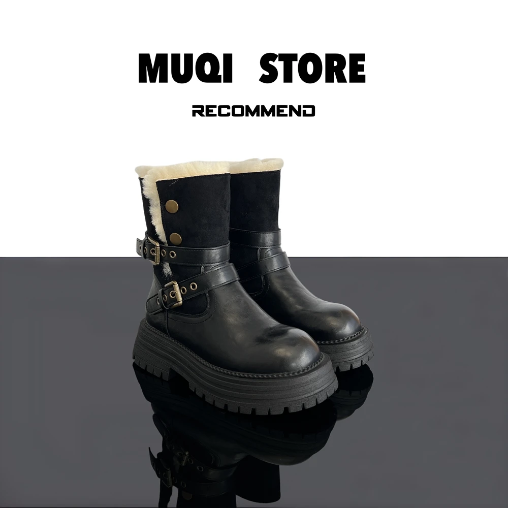MUQI2024冬季新款羊毛保暖时尚百搭厚底增高短靴粗跟马丁靴女