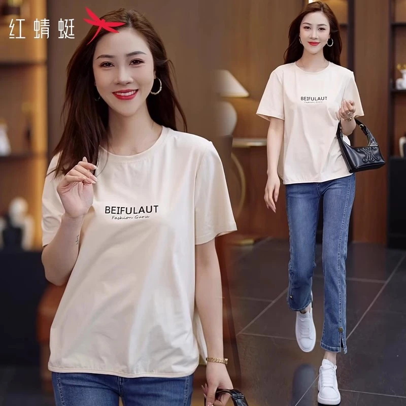 红蜻蜓女士t恤短袖夏2025新款宽松半袖时尚减龄妈妈夏装洋气上衣T