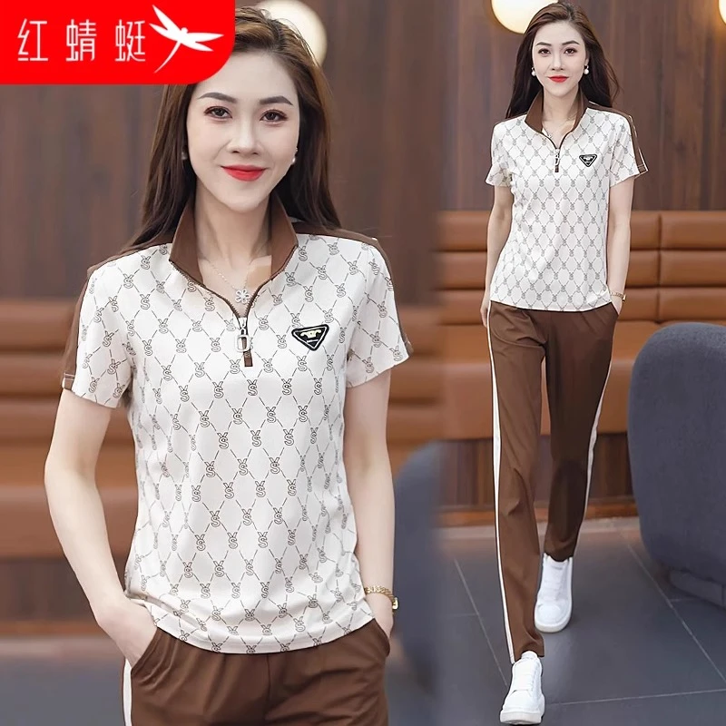 红蜻蜓短袖翻领运动套装女夏装2024年新款宽松休闲夏季冰感两件套