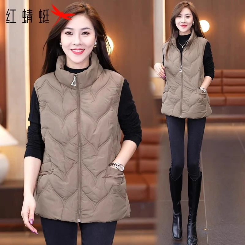 红蜻蜓棉马甲女士2025新款秋冬中年妈妈立领无袖棉服坎肩休闲马甲
