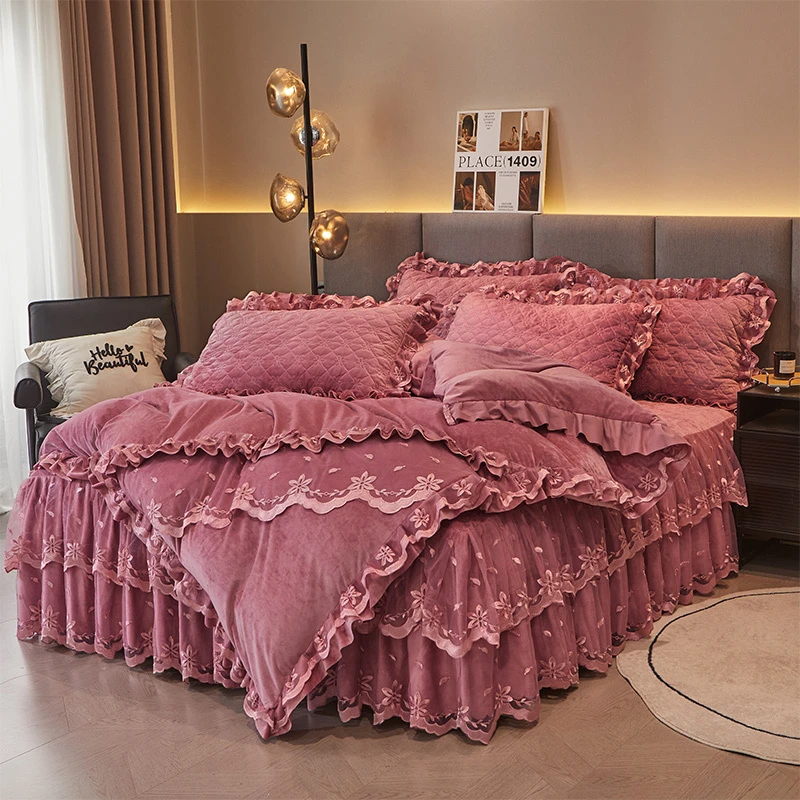 冬季加厚保暖婴儿绒四件套双面绒被套加棉床裙牛奶绒短毛绒荷叶边