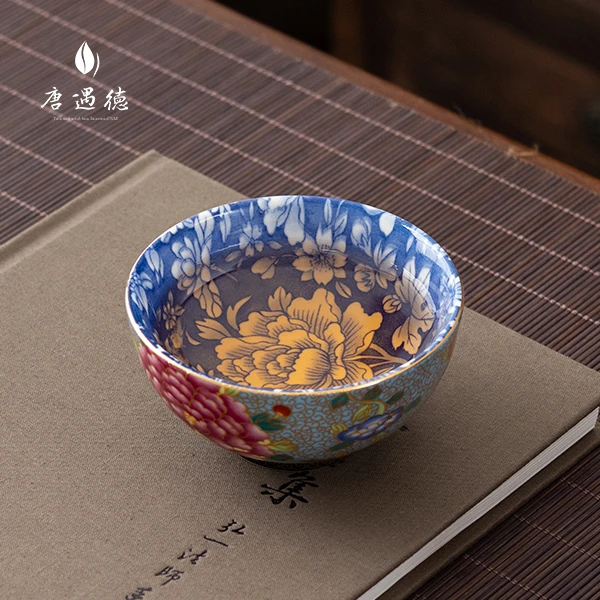 珐琅彩青花瓷主人杯个人单杯品茗杯陶瓷万花杯茶具小茶盏杯子C789