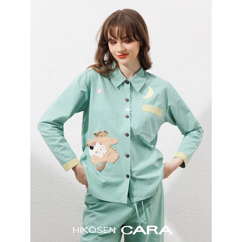 HIKOSEN CARA卡拉猫スヤスヤ长袖睡衣套装糖果色ins风家居女上衣