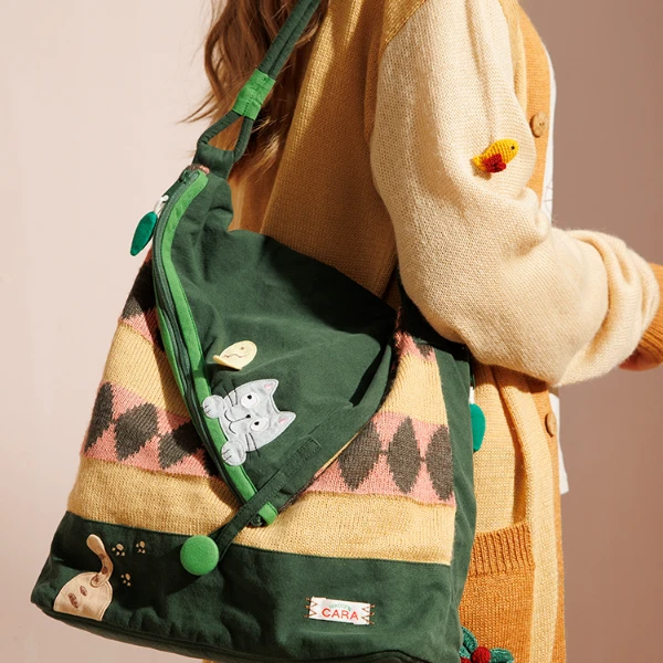 HIKOSEN CARA卡拉猫针织帆布包手工潮牌可爱猫咪女大容量单肩包