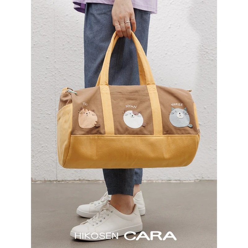 HIKOSEN CARA卡拉猫三只小猫猪行李袋帆布女手拎单肩斜挎出游包包