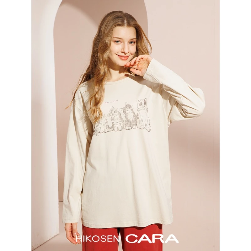 HIKOSEN CARA卡拉猫长袖印花猫咪T恤秋冬打底粉色ins圆领棉女上衣
