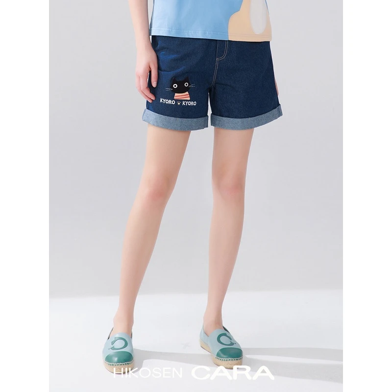 HIKOSEN CARA卡拉猫夏季牛仔短裤显瘦日系女a字宽松中腰猫咪热裤
