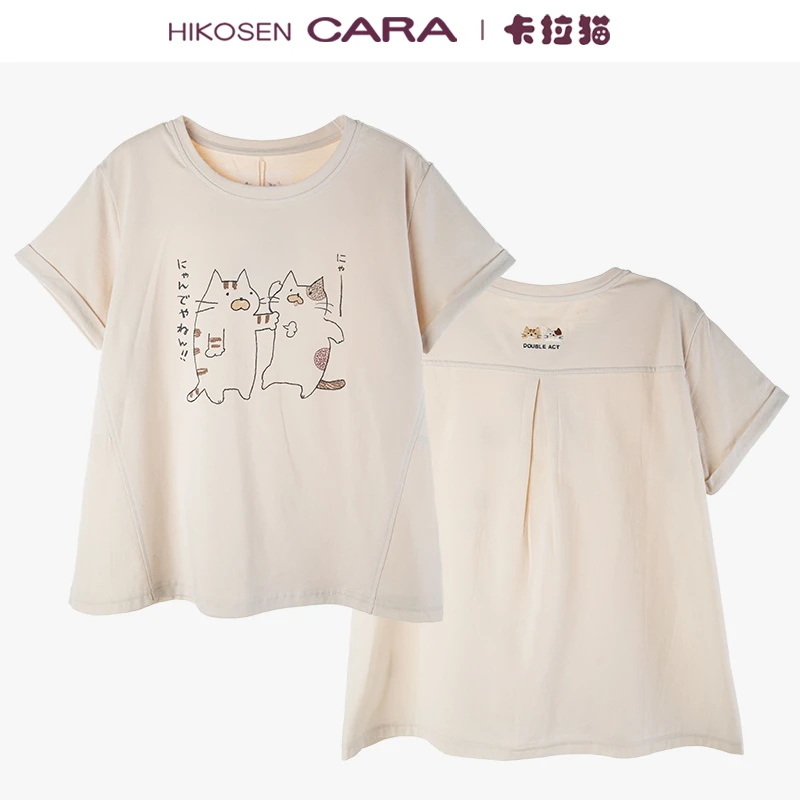 HIKOSEN CARA卡拉猫印花猫咪T恤日系糖果色短袖百搭女学生t恤上衣