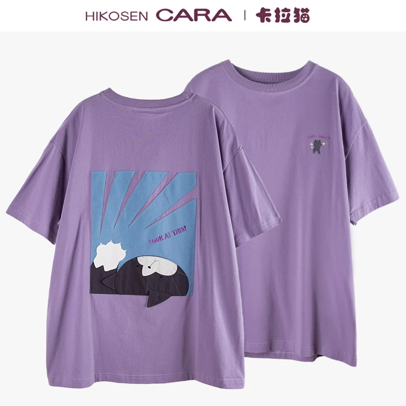 HIKOSEN CARA卡拉猫春季短袖T恤原创设计日系ins风紫色宽松女上衣