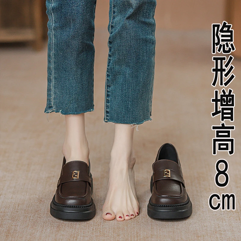 小码31-34小个子内增高小皮鞋女2024年新款春季棕色厚跟乐福鞋女