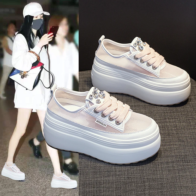 33 34小码薄款网纱鞋女夏季镂空透气厚底小个子增高8cm松糕小白鞋