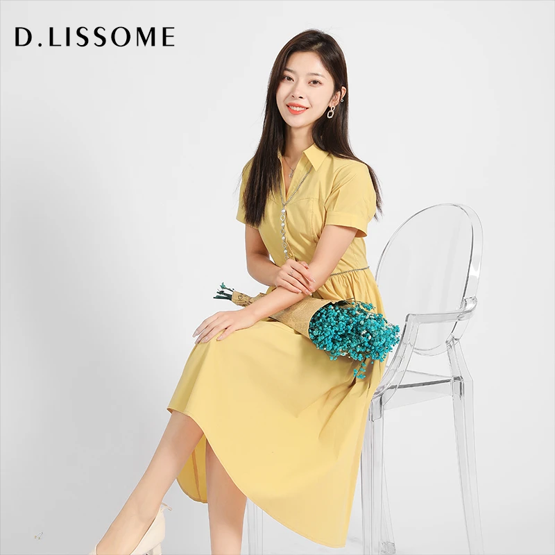 黛兰姿夏新品通勤气质长款小白裙高腰a字裙v领连衣裙822L86220S