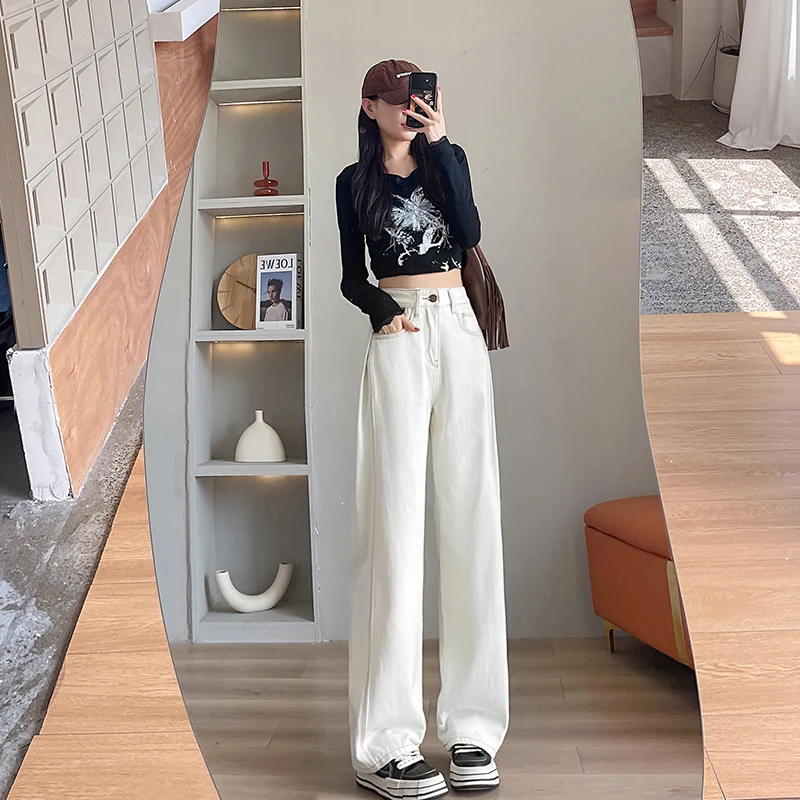 2327白色拖地垂感阔腿裤窄版直筒西装裤高腰显瘦休闲裤设计感阔腿