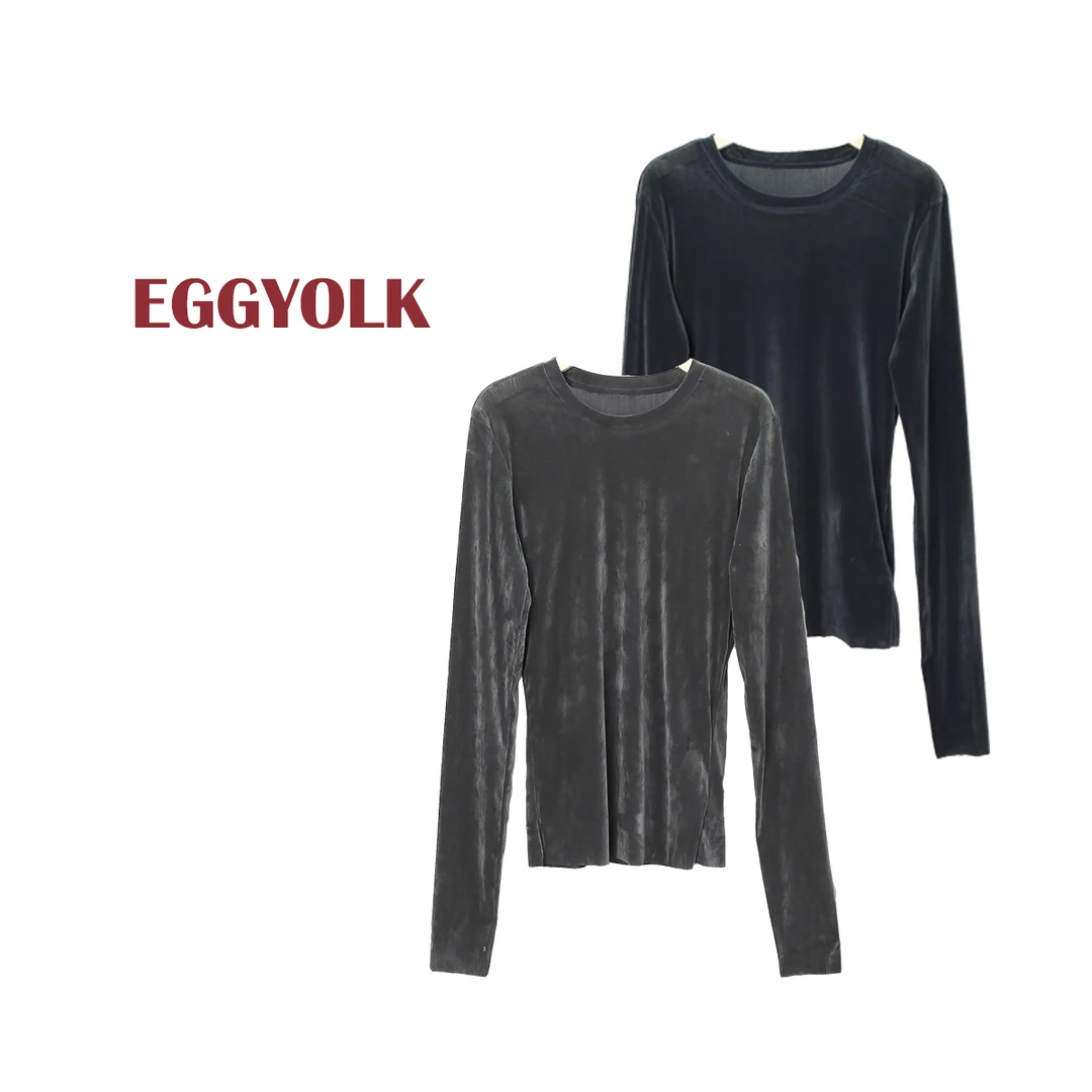 EGGYOLK天鹅绒上衣深灰圆领设计打底衫长袖修身女士打底气质百搭
