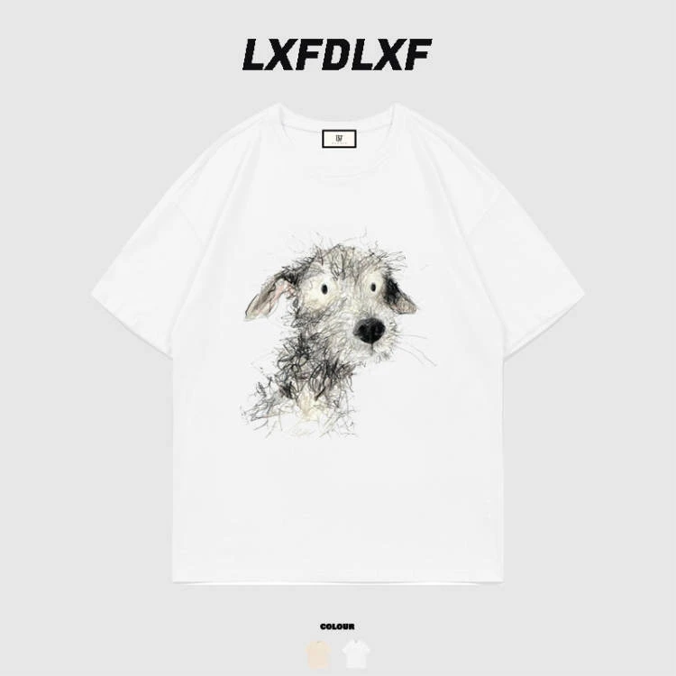 【潦草狗】 LXFDLXF270G直喷工艺宽松潮流夏季白色短袖T恤女男情侣