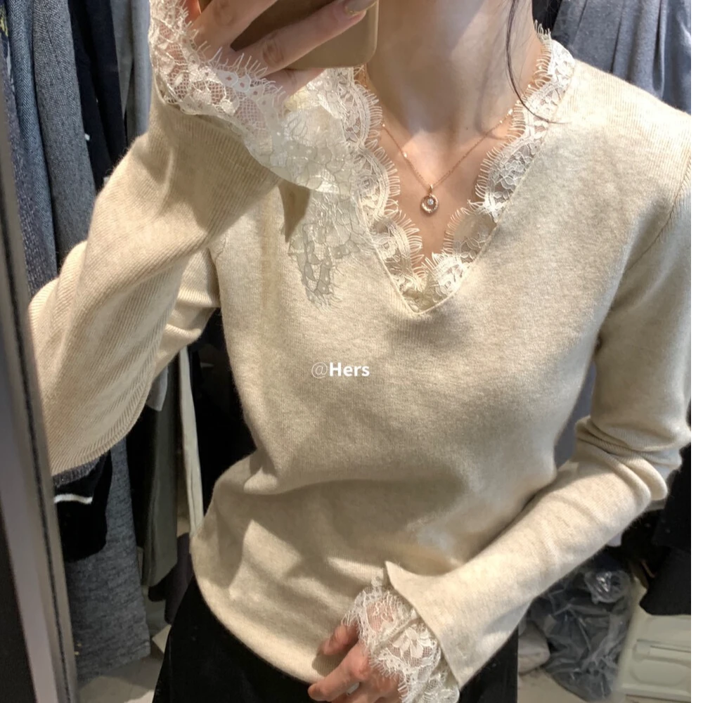 （加绒加厚版）蕾丝开叉秋冬新款气质简约别致蕾丝拼接V领针织衫