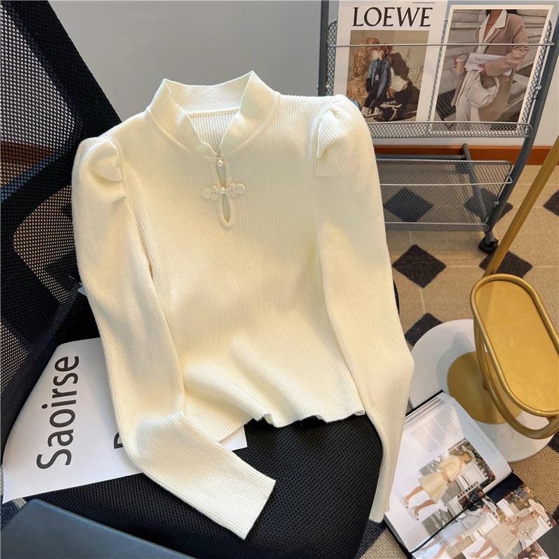 中式盘扣毛衣网红洋气针织秋冬半高领秋冬设计感白色长袖打底上衣