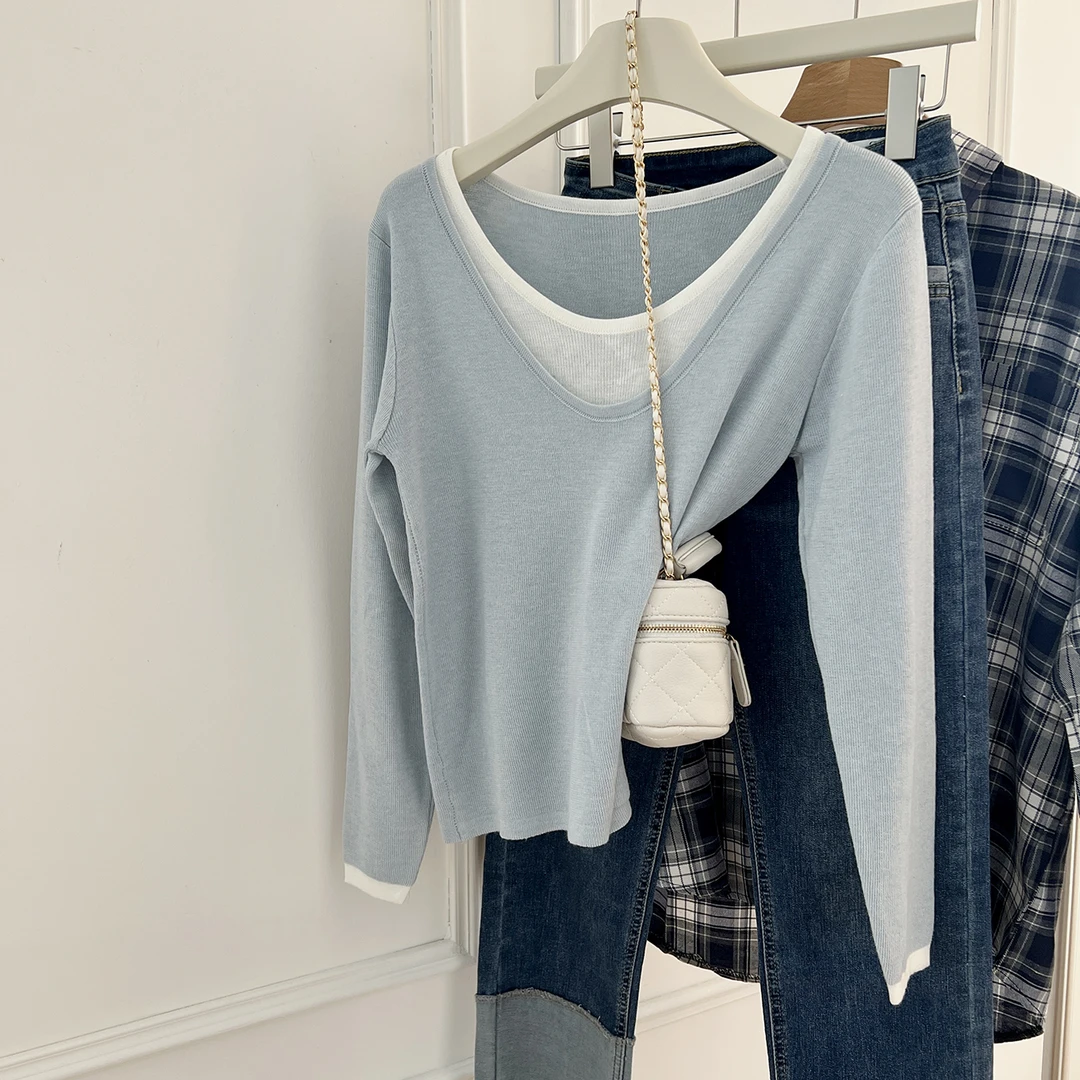 【认准正品】软糯毛混纺韩版软糯亲肤假两件蓝色显瘦百搭针织上衣