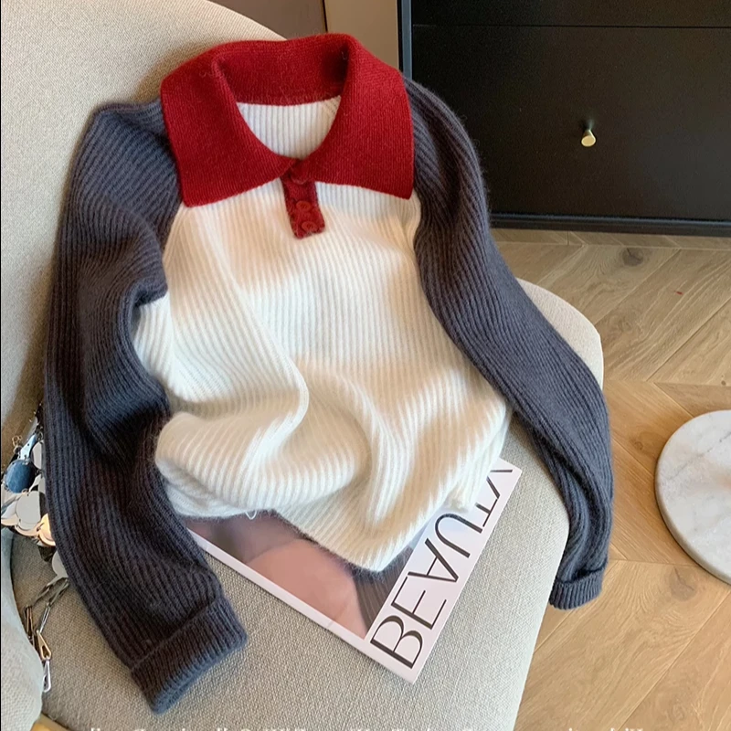 秋冬撞色翻领毛衣显瘦长袖洋气网红针织时尚减龄慵懒拼色上衣