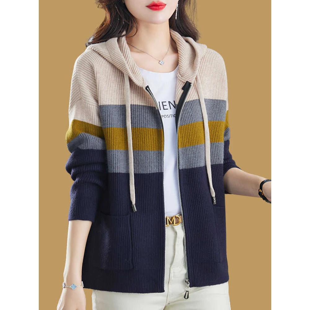 新款连帽开衫女宽松外搭针织衫时尚拼色带帽拉链毛衣外套秋冬厚款