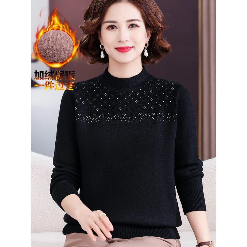 新款中老年秋冬装加绒半高领针织衫洋气妈妈装加厚打底衫保暖毛衣