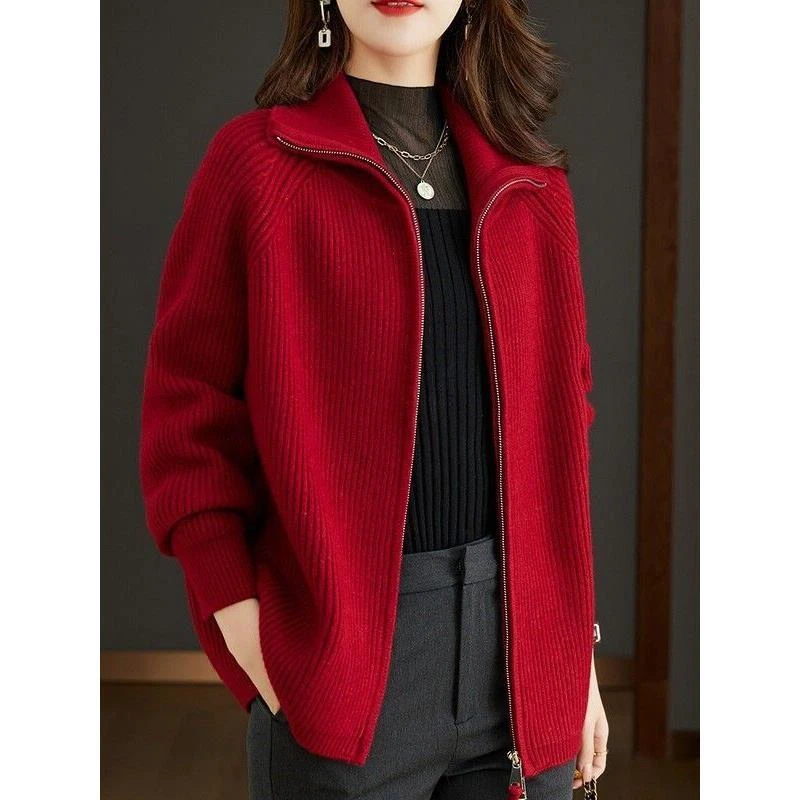 新款春秋款针织衫女士开衫拉链毛衣外套宽松中年女装纯色显瘦上衣