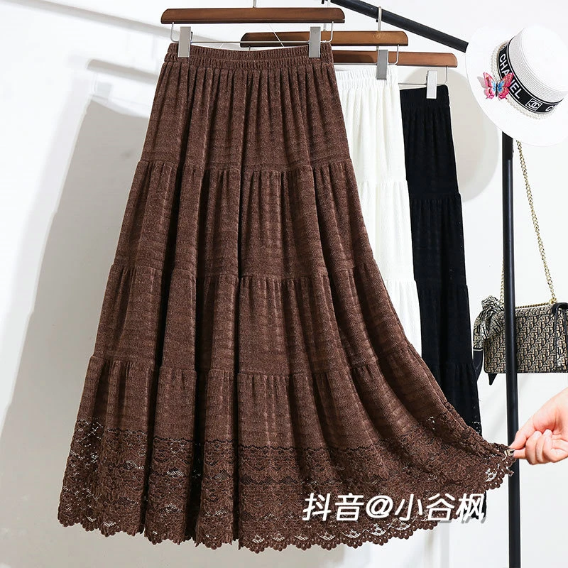 欧棉绒拼接蕾丝蛋糕裙半身裙女秋冬2024新款高腰显瘦裙子大摆长裙