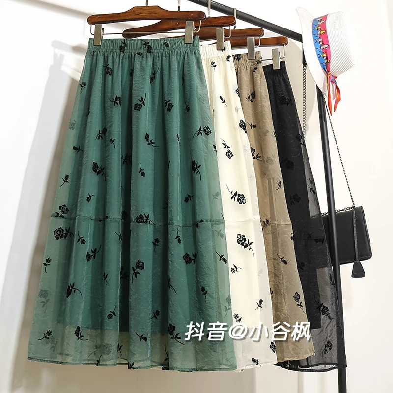 绿色植绒玫瑰花欧根纱半身裙女夏季新款高腰小个子裙子长裙半裙薄