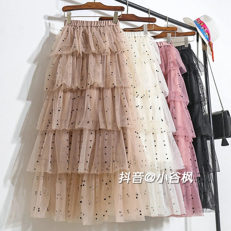 卡其色植绒波点网纱蛋糕裙半身裙女冬季新款高腰显瘦纱裙长裙半裙
