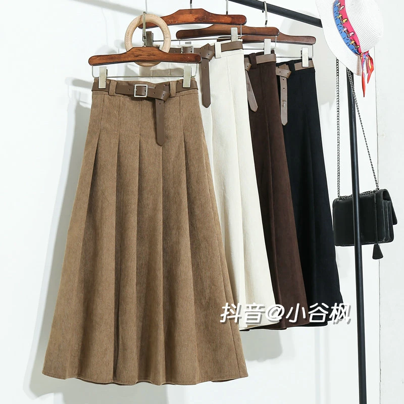 冬季复古灯芯绒百褶裙半身裙女秋冬2025新款A字条绒裙子长裙半裙